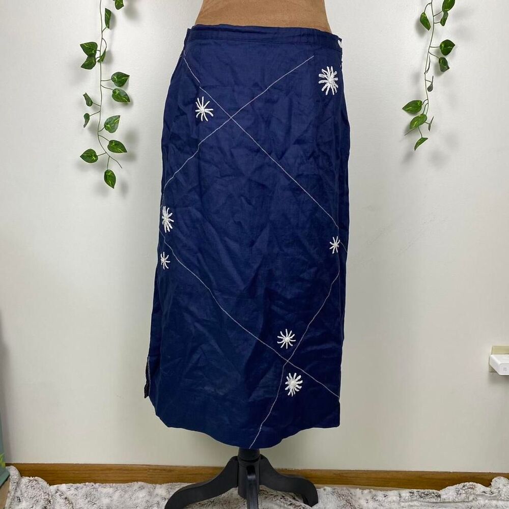 Vintage Annie Alexander 100% linen midi skirt blue white flower boho cottage
